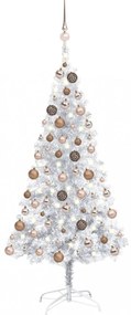 Ezüstszínű PET műkarácsonyfa LED-ekkel és gömbszettel 150 cm