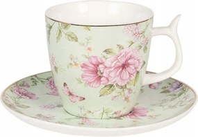 Zöld virágos csésze Garden csészealjjal 9x7x7 cm