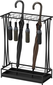 HOMCOM Fém Esernyő Tartó, Téglalap Alakú Esőernyő Állvány 24 Horoggal, 21 Nyílással, Kivehető Vízgyűjtő Tálcával 50 x 24 x 68 cm Fekete | Aosom