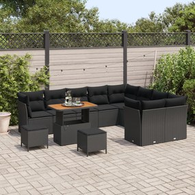 12 Részes Kerti Kanapé Készlet Párnákkal Fekete Poly Rattan Akácia