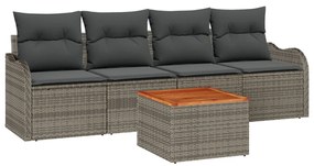5 részes kerti bútor szett párnákkal Szürke Poli Rattan Akác, 2 személyes kerti kanapé tárolóval és párnákkal Szürke Poli Rattan