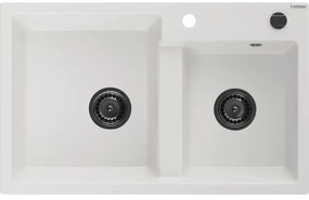 Mexen Tomas, gránit mosogató 800x500x190 mm, 2 kamrás, fehér, fekete szifonnal, 6516802000-20-B