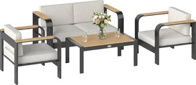 Outsunny 4 részes alumínium kerti lounge szett 4 személyre — vízálló, extra mély ülőfelületek, 2 személyes kanapé, 2 fotel, dohányzóasztal, bézs | Aos