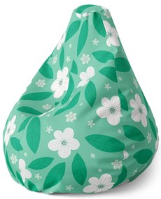 Pear babzsák fehér virágok levelekkel, zöld