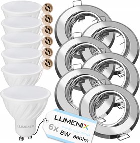 6x Halogén lámpatest szett Króm Kerek GU10 Led izzó 8W Semleges