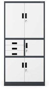 Fém iratszekrény széffel és fiókokkal FILIP II, 900 x 1850 x 400 mm, antracit-fehér