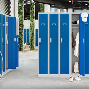 Pléh öltözőszekrény talpazaton, négymodulos, polcokkal KACPER II, 600 x 1800 x 500 mm, kék