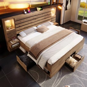 Franciaágy fa ágy Usb éjjeliszekrény fiókokkal 180X200 tölgy