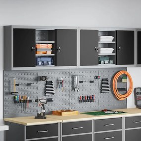 4 darabos szerszámos szekrény és pegboard készlet, falra szerelhető, fekete fém