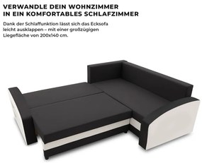 Grande sarokkanapé polcokkal , polc a bal karfaban, jobboldali, szövet anyag, bonell töltet, fekete - fehér