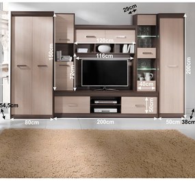 Nappali szekrénysor, DTD/MDF, világos tölgy/sötét tölgy, KORINA