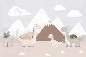 Fotótapéta Flizelina Gyerekek Dinoszauruszok Család Hegyek Bézs Barna 208x146 ragasztó