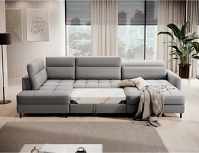 Világosszürke bársony kinyitható-tárolóhelyes sarokkanapé (bal oldali-U alakú) Berrto – ELTAP