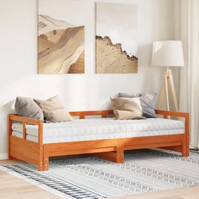 viaszbarna tömör fenyő kihúzható kanapéágy matracokkal 80x200cm