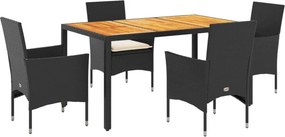 vidaXL 5részes fekete polyrattan/akácfa kerti étkezőgarnitúra párnákkal