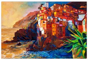 Kép - Falu Cinque Terre partján, az olasz riviérán, modern impresszionizmus (90x60 cm)