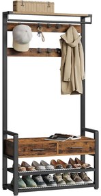 Előszobafal ülőkével, cipőtárolóval,szövetfiókkal,30 x 80,4 x 181,6 cm, rusztikus barna/fekete