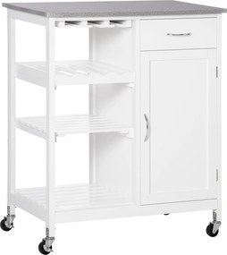 HOMCOM Konyhai Kocsi Kerekekkel, 1 Fiókkal, Levehető Polcokkal, 4 Palackos Borállvánnyal és Szekrénnyel, 40 kg Terhelhetőséggel, 76x48x88 cm, Fehér |
