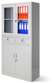 Fém iratszekrény vitrinnel és fiókokkal EDMUND, 900 x 1850 x 400 mm, szürke
