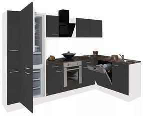 Yorki 310 sarok konyhabútor fehér korpusz,selyemfényű antracit front alsó sütős elemmel alulagyasztós hűtős szekrénnyel