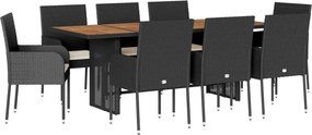 vidaXL 9 részes fekete polyrattan kerti étkezőgarnitúra párnákkal