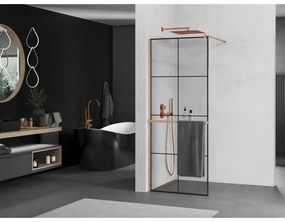 Mexen Kioto+, Walk-In zuhanyparaván polccal és akasztóval 70 x 200 cm, 8 mm átlátszó üveg fekete mintás, réz matt profil, 800-070-121-65-77