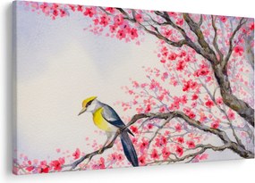 Kép - Madár egy fán, piros virágokkal (90x60 cm)