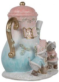 LED-es kékes rózsaszín teáskanna egerekkel karácsonyi dekoráció