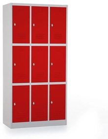 Fém szekrény - 9 doboz, 90 x 45 x 185 cm, csavaros zár, piros - ral 3000