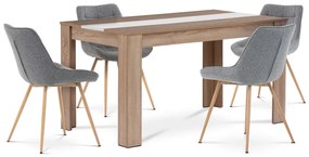 Set de sufragerie 1+4, masa 138x80cm, MDF stejar sonoma. Scaune cu tapițerie din stofă gri, picioare metalice cu decor stejar