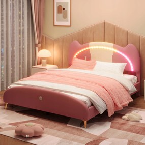 kárpitozott franciaágy Led gyerekágy 140x200cm Pu bézs