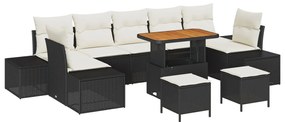 10 részes Kerti Kanapé Szett Párnákkal Fekete Poli Rattan Akáccal, 2-Fős Kerti Kanapé Párnákkal Fekete Poli Rattan, 3 részes Kerti Étkező Szett Párnákkal Fekete Poli Rattan Akáccal