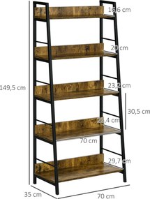 HOMCOM Ipari Stílusú Dőlt 5-Szintes Könyvespolc 70L x 35W x 150H cm | Aosom