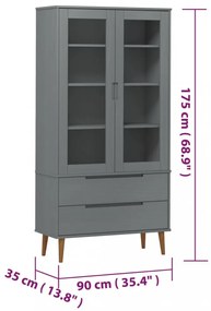 MOLDE szürke tömör fenyőfa vitrin szekrény 90 x 35 x 175 cm