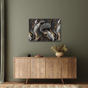 Kép - Trópusi levelek fekete és arany színben (üvegen) (70x50 cm)