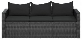vidaXL fekete 3 személyes polyrattan kerti kanapé párnákkal