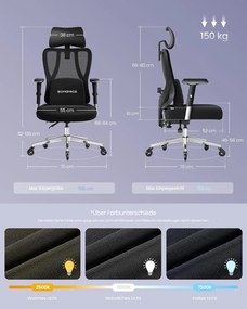 SONGMICS ergonomikus irodai szék állítható derék- és fejtámlával, max. 150 kg terhelhetőség, fekete