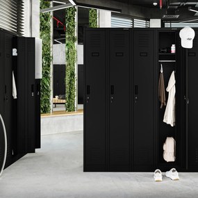 Pléh öltözőszekrény talpazaton, négymodulos, polcokkal KACPER II, 600 x 1800 x 500 mm, fekete