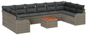 10 Darabos Kert Sofa Szett Párnákkal Szürke Poli Rattan Akácia, 2-Személyes Kert Sofa Tárolóval &amp; Párnákkal Szürke Poli Rattan