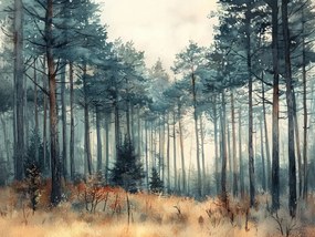 Vászonkép Canvas Akvarell Tájkép Erdő Fenyőfák 80x60