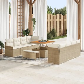 11 darabos kertiszófa szett párnákkal Bézs Poli Rattan Akácia, 2 üléses kertiszófa tárolóval és párnákkal Bézs Poli Rattan, 3 darabos kert étkező szett párnákkal Bézs Poli Rattan Akácia