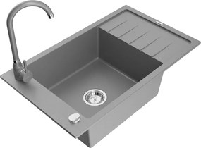 Mexen Elias gránit mosogató 1-medencés csepegtetővel és Telma konyhai csapteleppel, szürke - 6511-71-670200-71