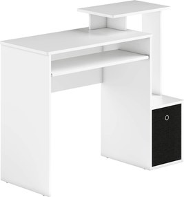 HOMCOM Multimedia Számítógép Íróasztal Polcokkal, Billentyűzet Tálcával és Kosárral, Fekete Forgácslap Fehér | Aosom