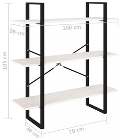 háromszintes fehér tömör fenyőfa könyvszekrény 100x30x105 cm
