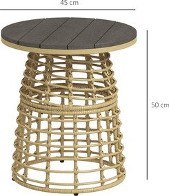 Outsunny Kerti Kávétábla, Kültéri Kerek Műgyanta Rattan-Külső Fém Oldaltábla Kompozit Toppal, Ø 45 x 50 cm Természetes | Aosom