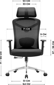 Ergonomikus irodai forgószék, deréktámasszal, 2D háttámla hálós anyaggal, fekete