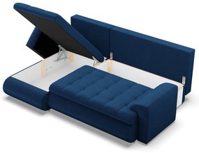 Tokio sarokkanapé, 2 ágyneműtartóval, bársony, baloldali, kék