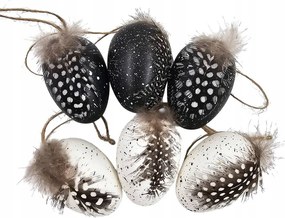 Dekorációs Tojás 4x6cm medál 6db pöttyös fehér fekete tollakkal