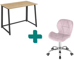 Dolgozószobai szett – összecsukható íróasztal ZARIMO 80×40 cm sonoma tölgy + irodai szék AVOLA VELVET rózsaszín