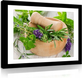 Vászonkép 70x50 Fa mozsár friss gyógynövények rozmaring kakukkfű oregánó